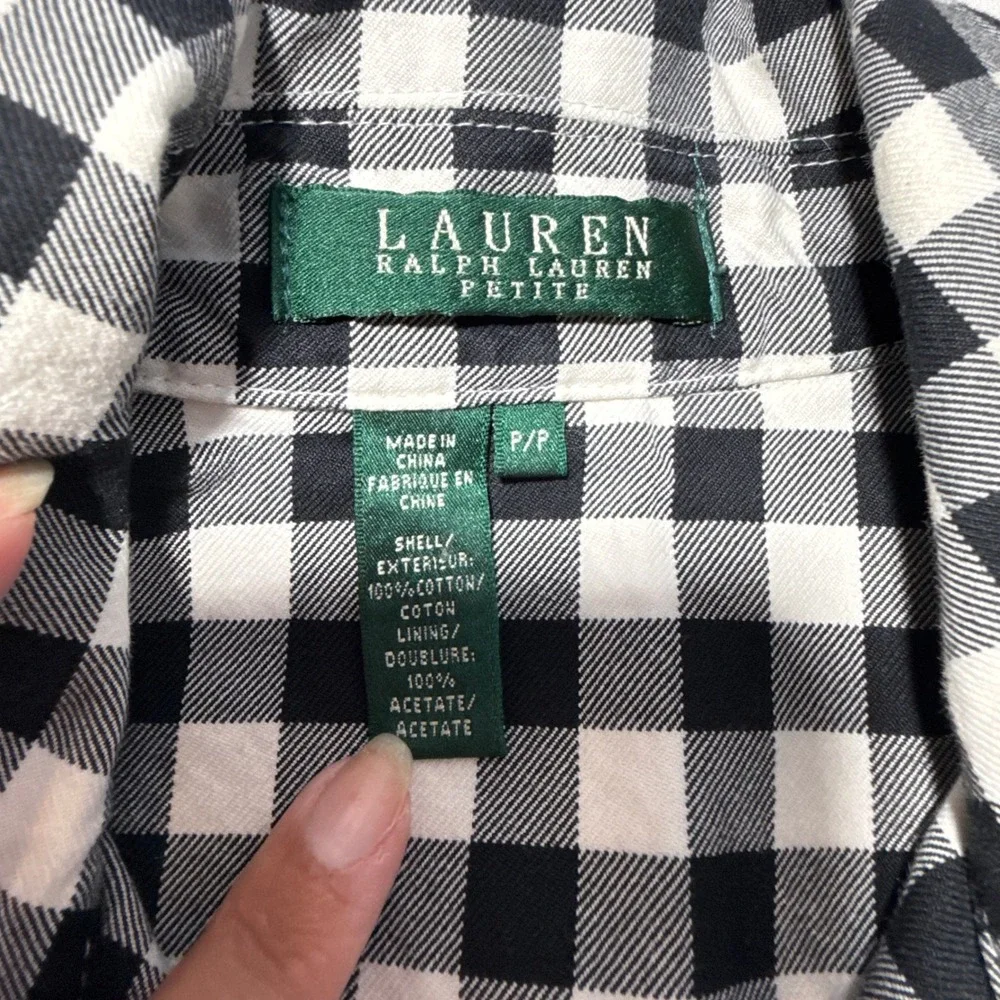 Lauren Ralph Lauren Jacket Women Petite P Black Excellent Gingham Belted Cotton